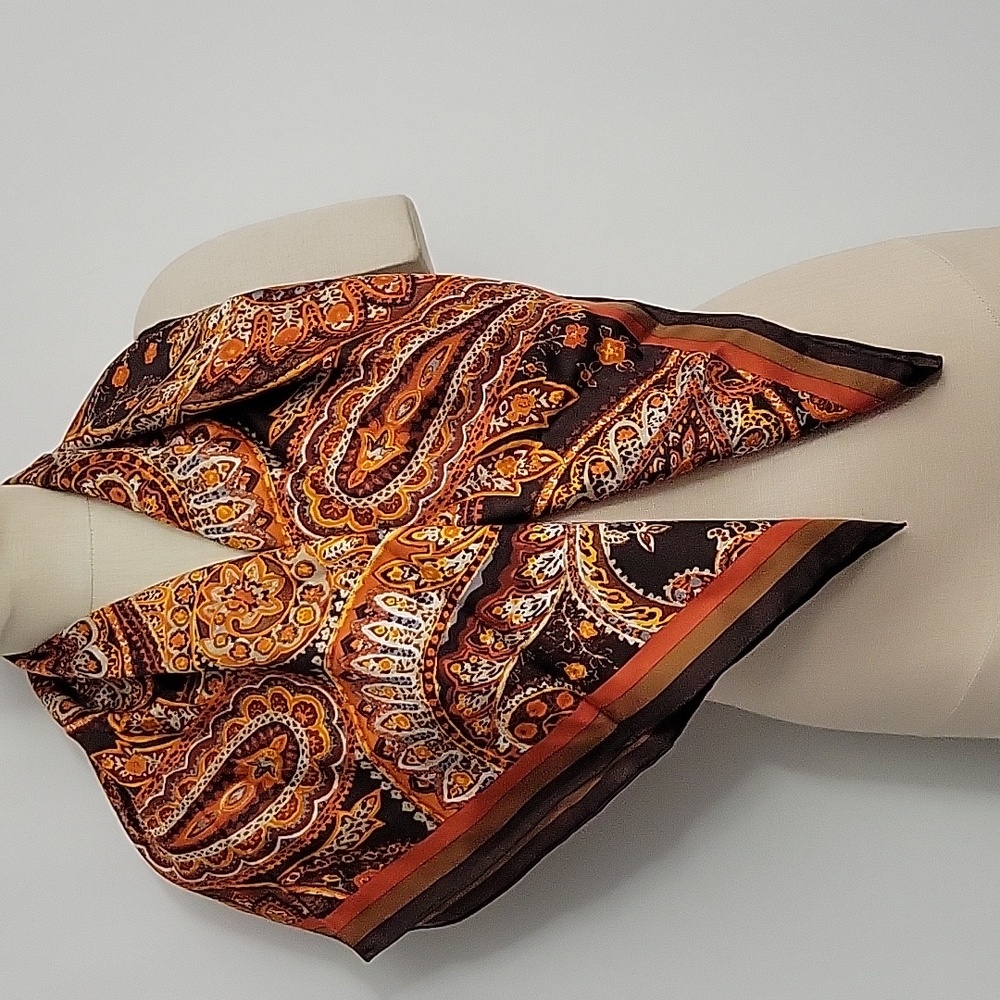 Vintage Deadstock Anne Klein Silk Paisley Scarf 36" Square Orange and Brown